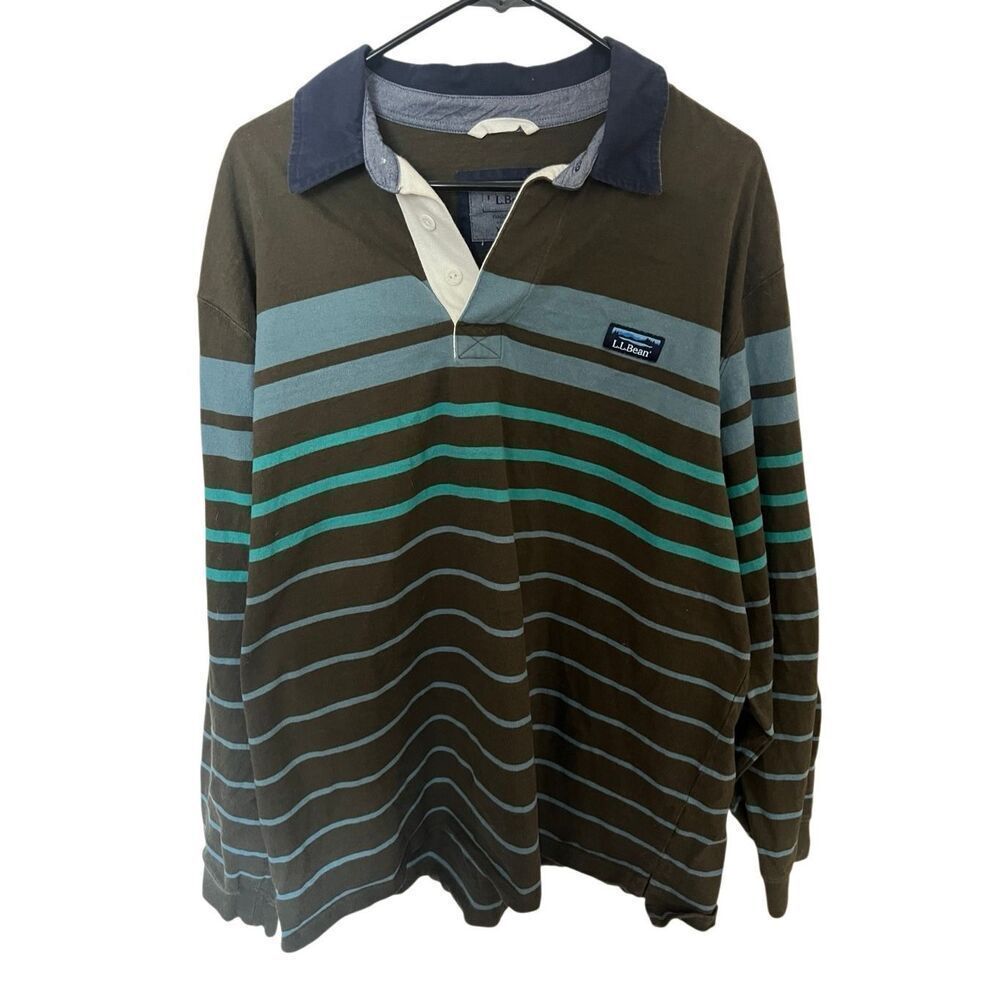 Vintage LL Bean Mens XL Rugby Polo Shirt Striped Long Sleeves Cotton Preppy
